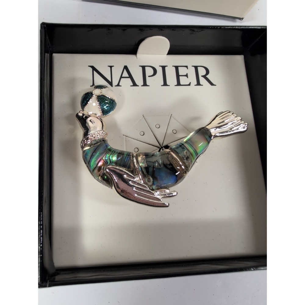 NAPIER Seal & Beach Ball Pin Brooch Silvertone Simulated Abalone NEW - Picture 2 of 3